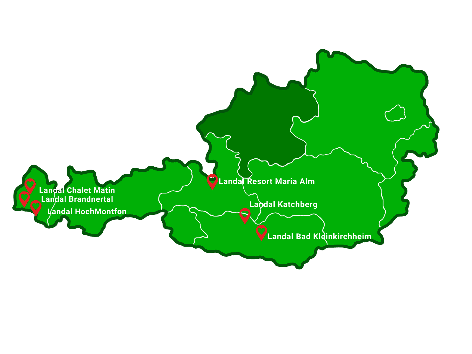 Kaart met alle landal vakantieparken in Oostenrijk