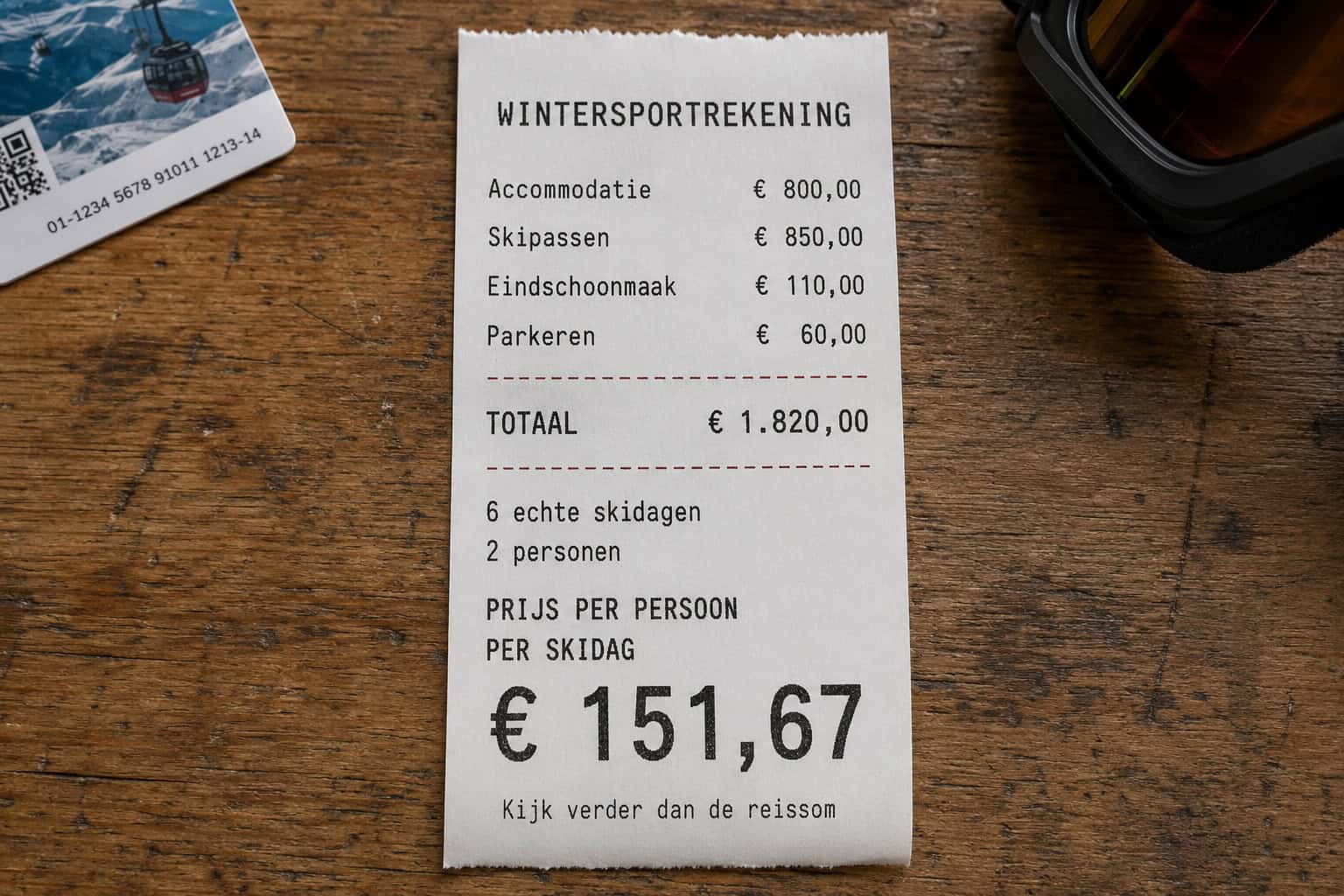 Kassabon met berekening van de werkelijke kosten per skidag tijdens een wintersportvakantie